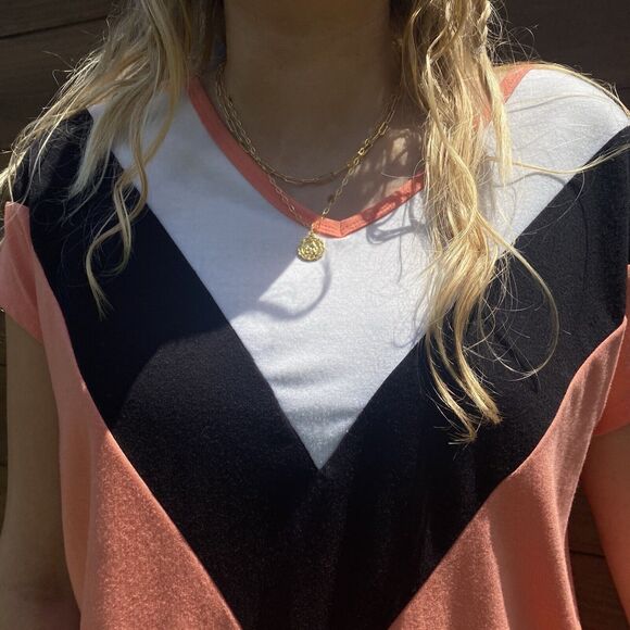 *Zenana Orange Chevron Color Block Casual Knit Short Sleeve Women's Top Small - Picture 5 of 8